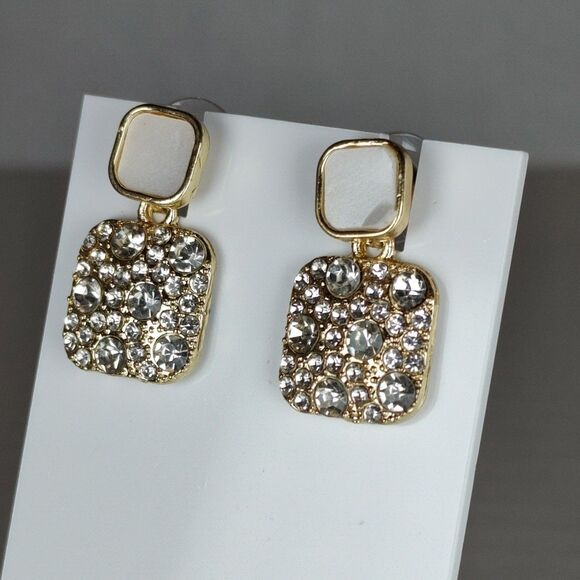 Gold Tone Metal Colorless Rhinestones Pearl Tone Stud Dangle Drop Earrings S925 - Picture 6 of 16